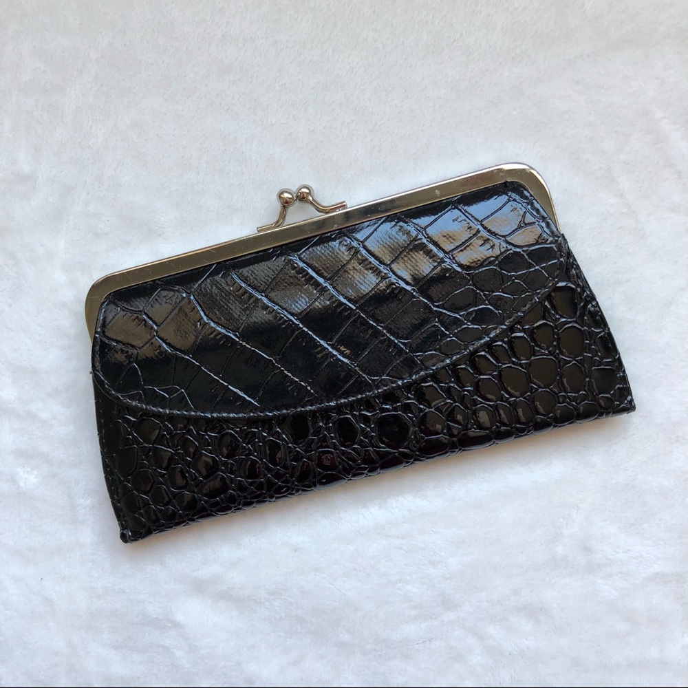 Black faux patent leather silver snap clutch wallet